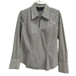 Jones New York Signature Women’s Black & White Striped Zip-Up Shirt Long Sleeve